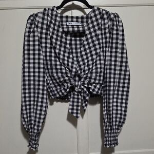 Zara Black and White Bishop Sleeve Crop Blouse